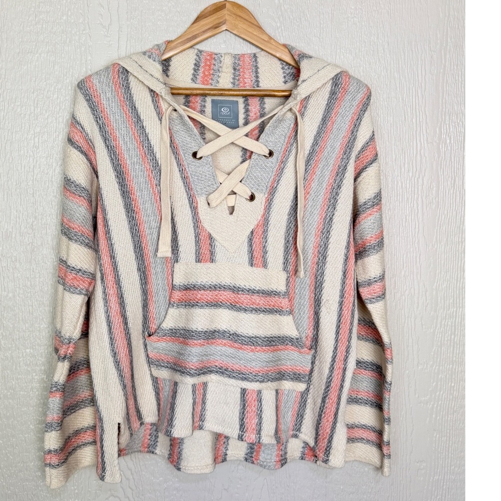 Rip Curl Womens Striped Knit Lace Up Hoodie Cream Coral Grey Medium